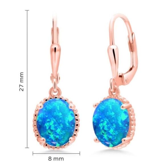 18K Rose Gold 925 with 1.12 Cttw Blue Opal Oval Leverback Hook Earrings - Picture 4 of 4